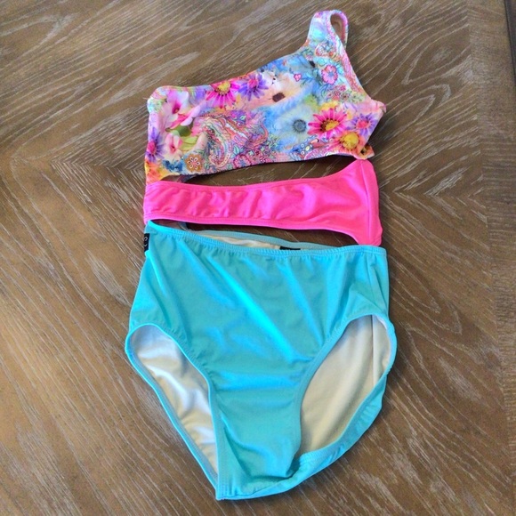 Kandi Kouture Cut Out Neon Floral Colorblock One Shoulder Dance Leotard Size AM - Picture 1 of 8